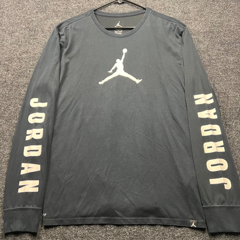Jordan Mens Dri-FIT Long Sleeve Shirt Black Jumpman Logo Spellout Size Large